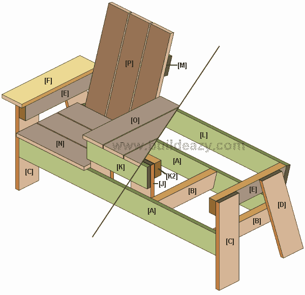 1x6 Bench Seat : Drawing With all the Component Identification for a Two Seater Bench With Middle Table Made from 1x6 Lumber